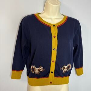 Palava Crew Neck Cotton Squirrel Chipmunk Cardigan 3/4 Sleeve Sz S